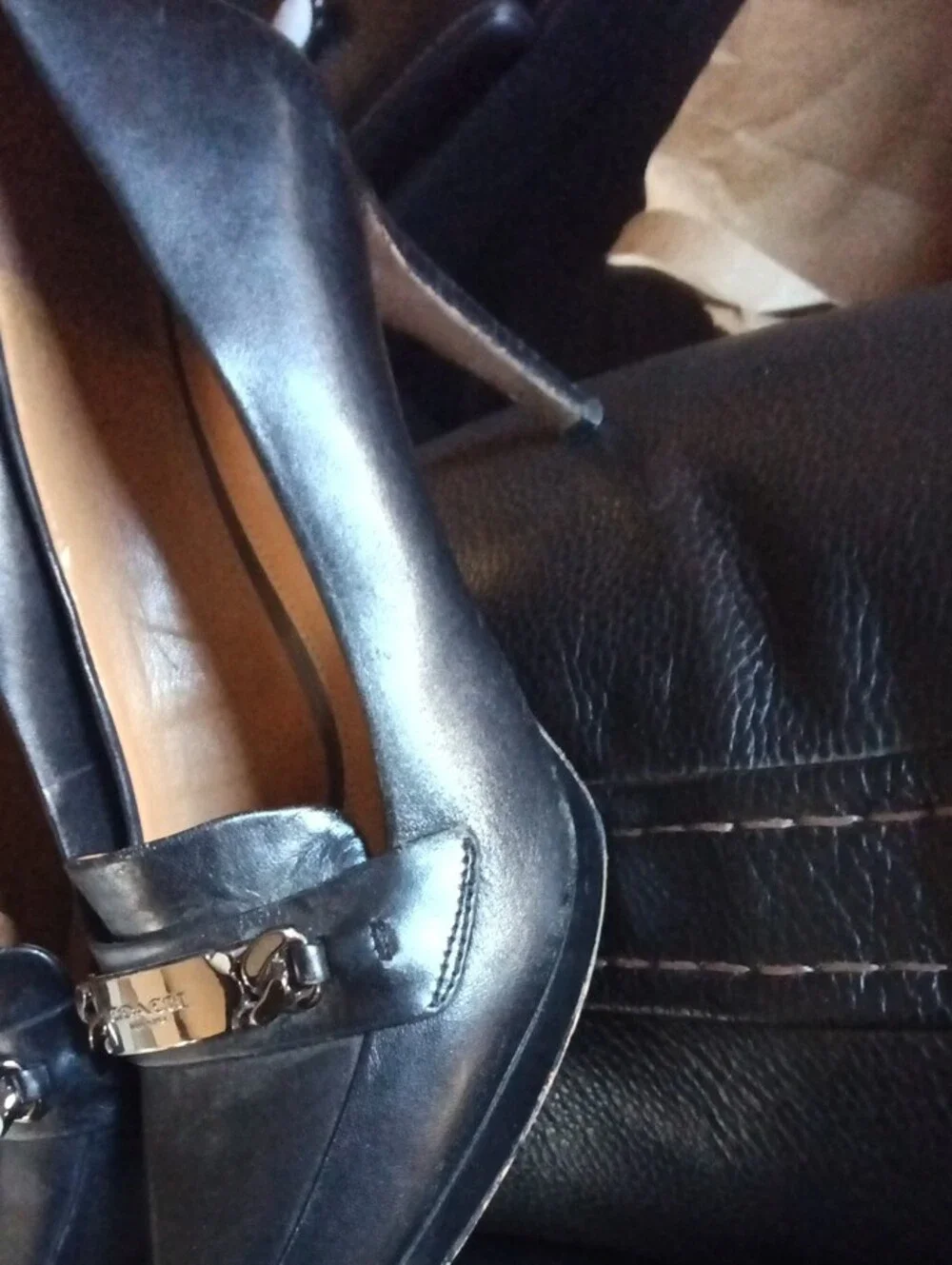 Coach Black Leather Heel Pumps with Metal Logo Plaque